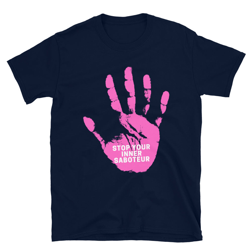 Navy T-shirt with a pink handprint graphic and “STOP YOUR INNER SABOTEUR” text