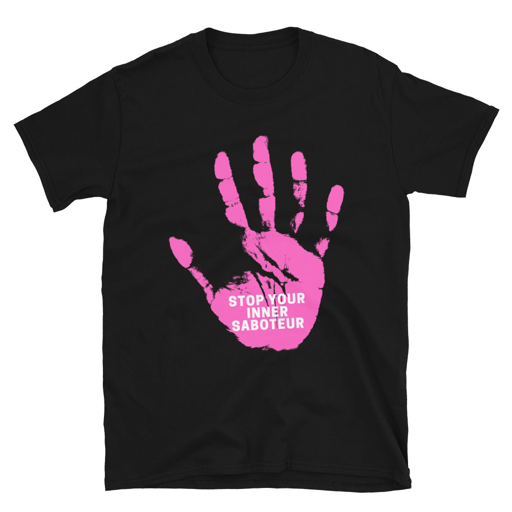 Front view of black T-shirt with a pink handprint and “STOP YOUR INNER SABOTEUR” text