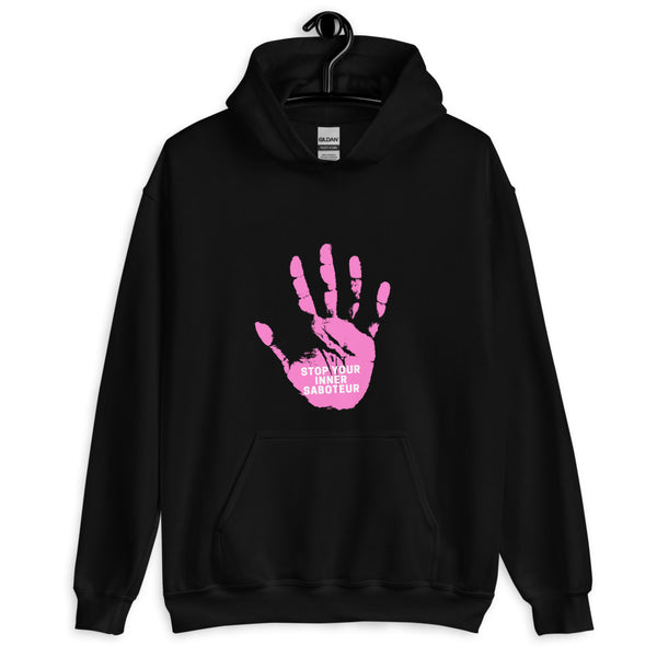 Black pullover hoodie with a pink handprint and “STOP YOUR INNER SABOTEUR” text