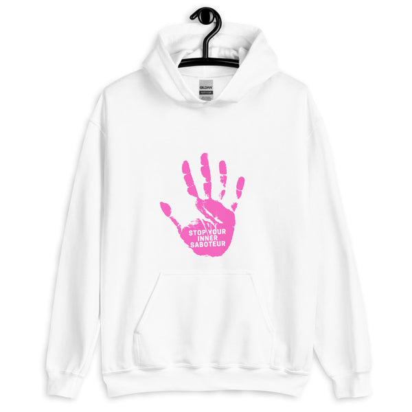 Front view of a white hoodie with a pink handprint reading “STOP YOUR INNER SABOTEUR”