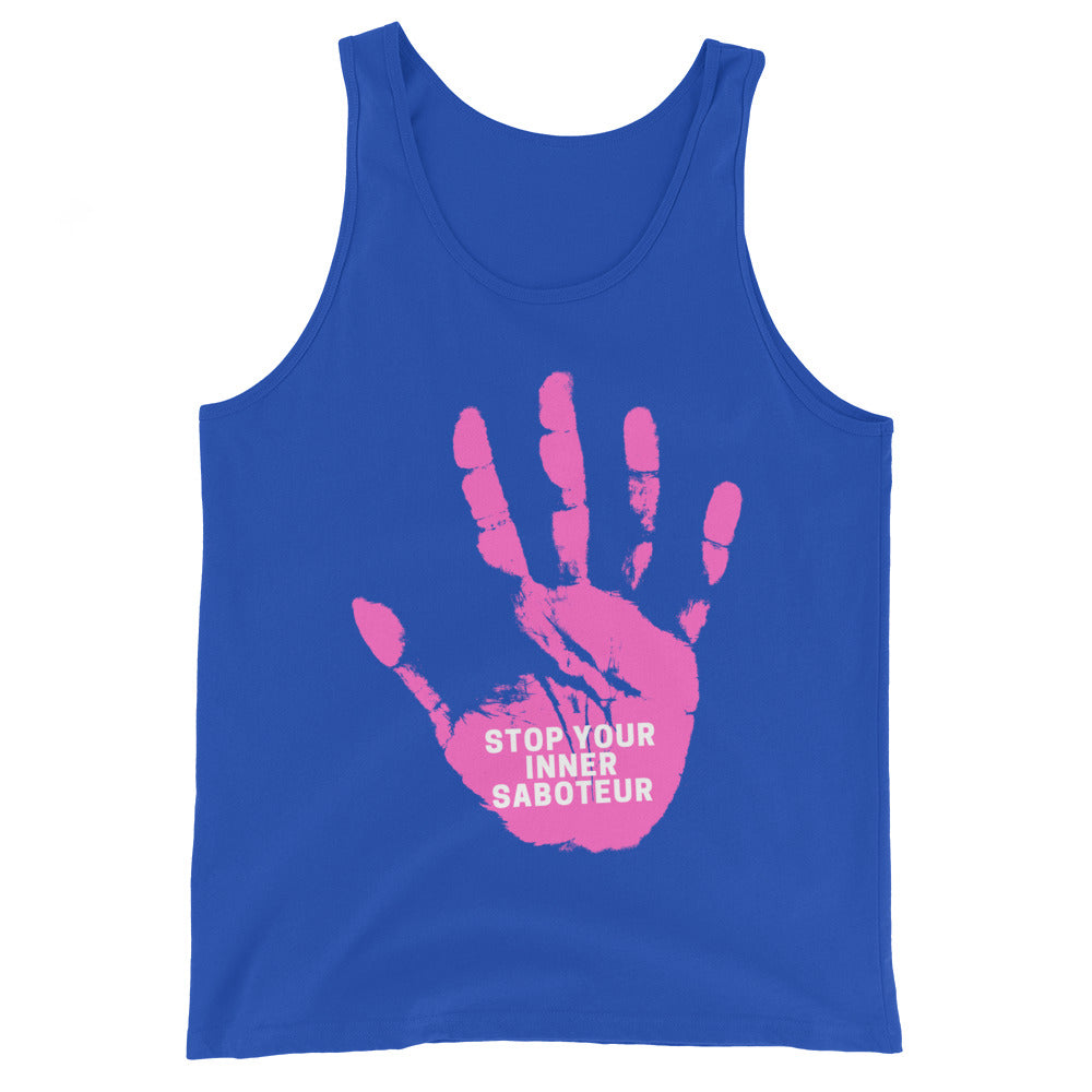 Blue unisex tank top with pink handprint graphic and “STOP YOUR INNER SABOTEUR” text