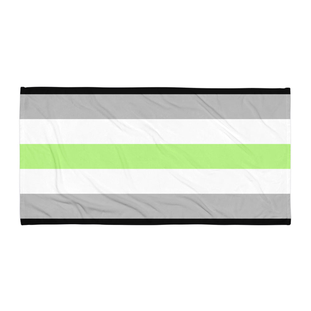 Flat rectangular towel showing black, gray, white, and lime-green horizontal stripes