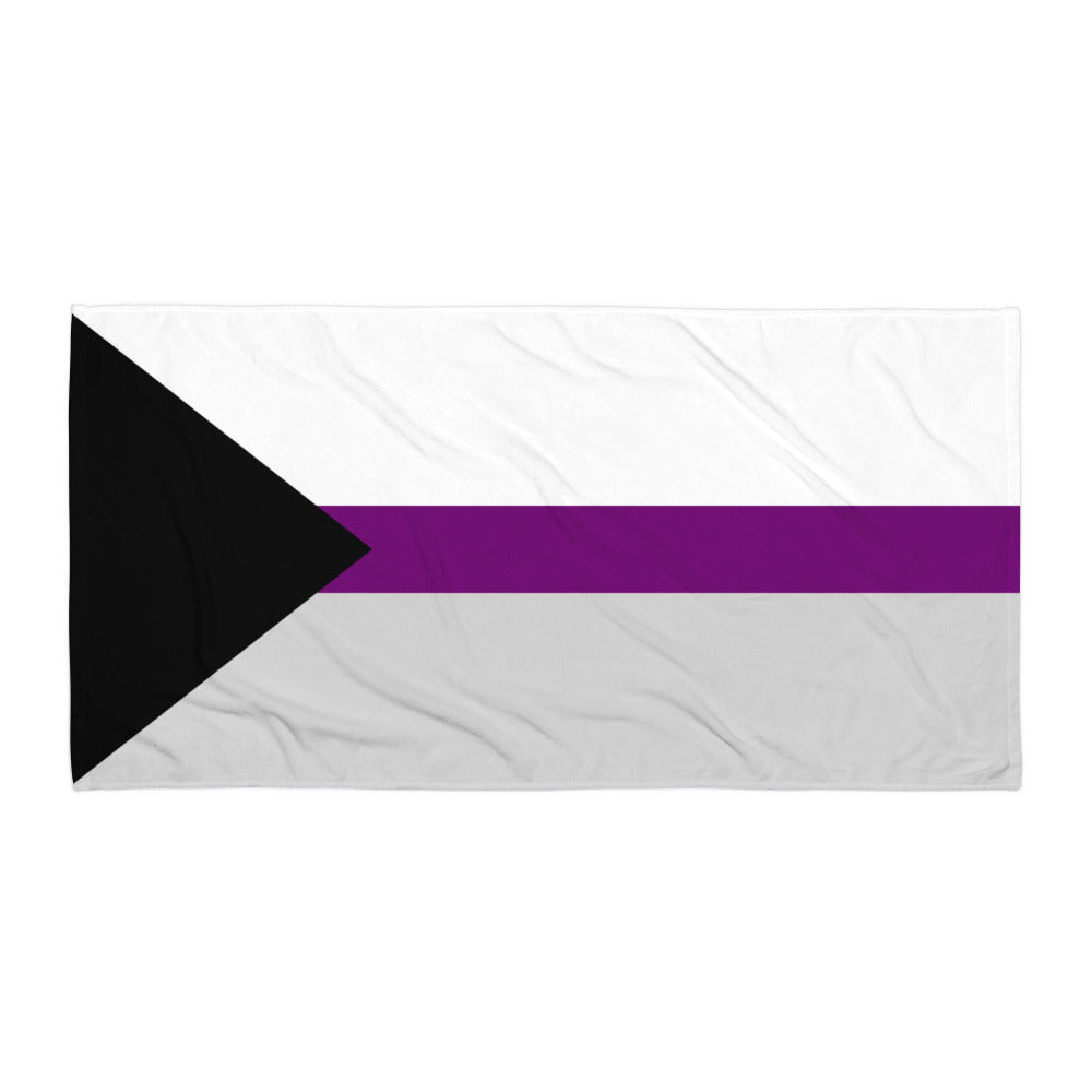 bi flag cute: Demisexual Pride Flag towel flat on textured surface, black triangle with purple stripes; loud queer pride