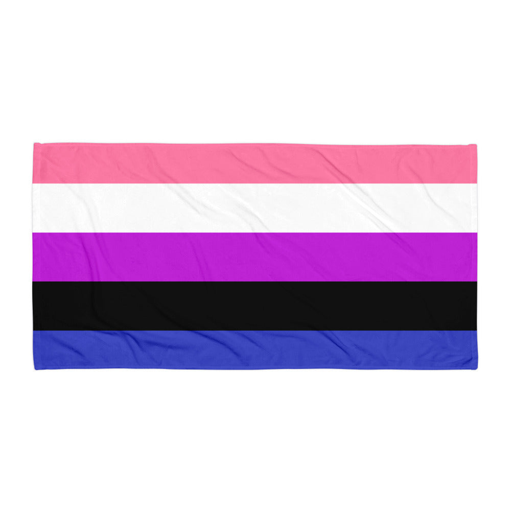 Flat-lay rectangular towel with horizontal pink, white, purple, black, and blue stripes