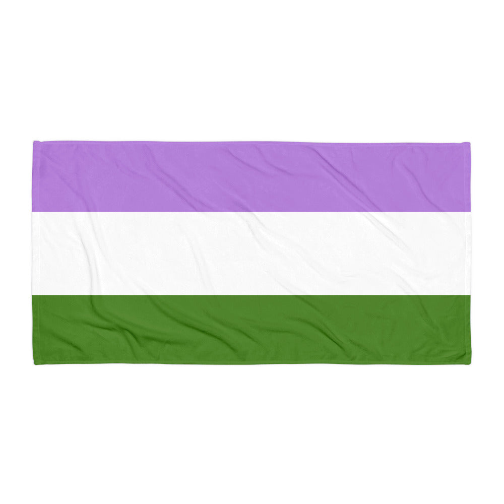 Front view of a wrinkled towel with lavender, white, and green horizontal stripes