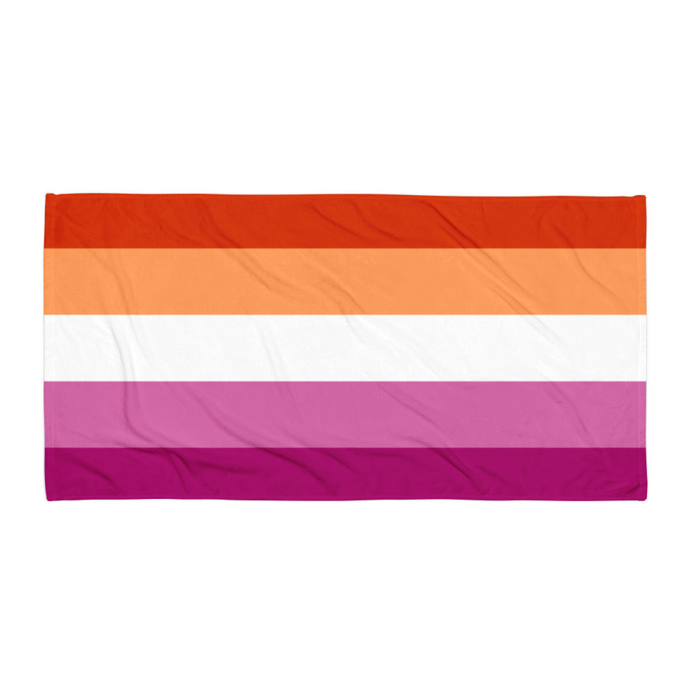 Rectangular towel laid flat, striped in orange, white, and pink Pride flag colors
