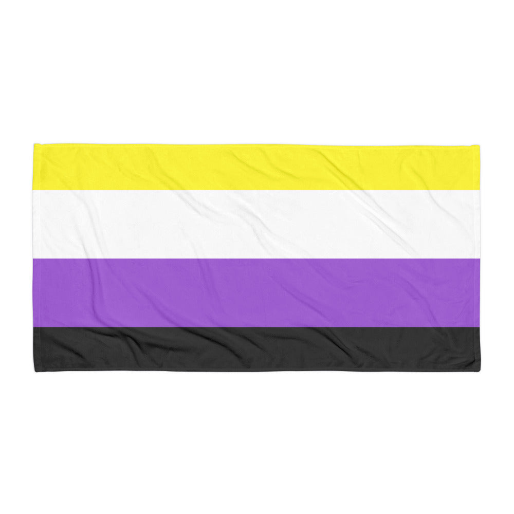 Rectangular non-binary pride flag towel laid flat, with yellow, white, purple, and black stripes