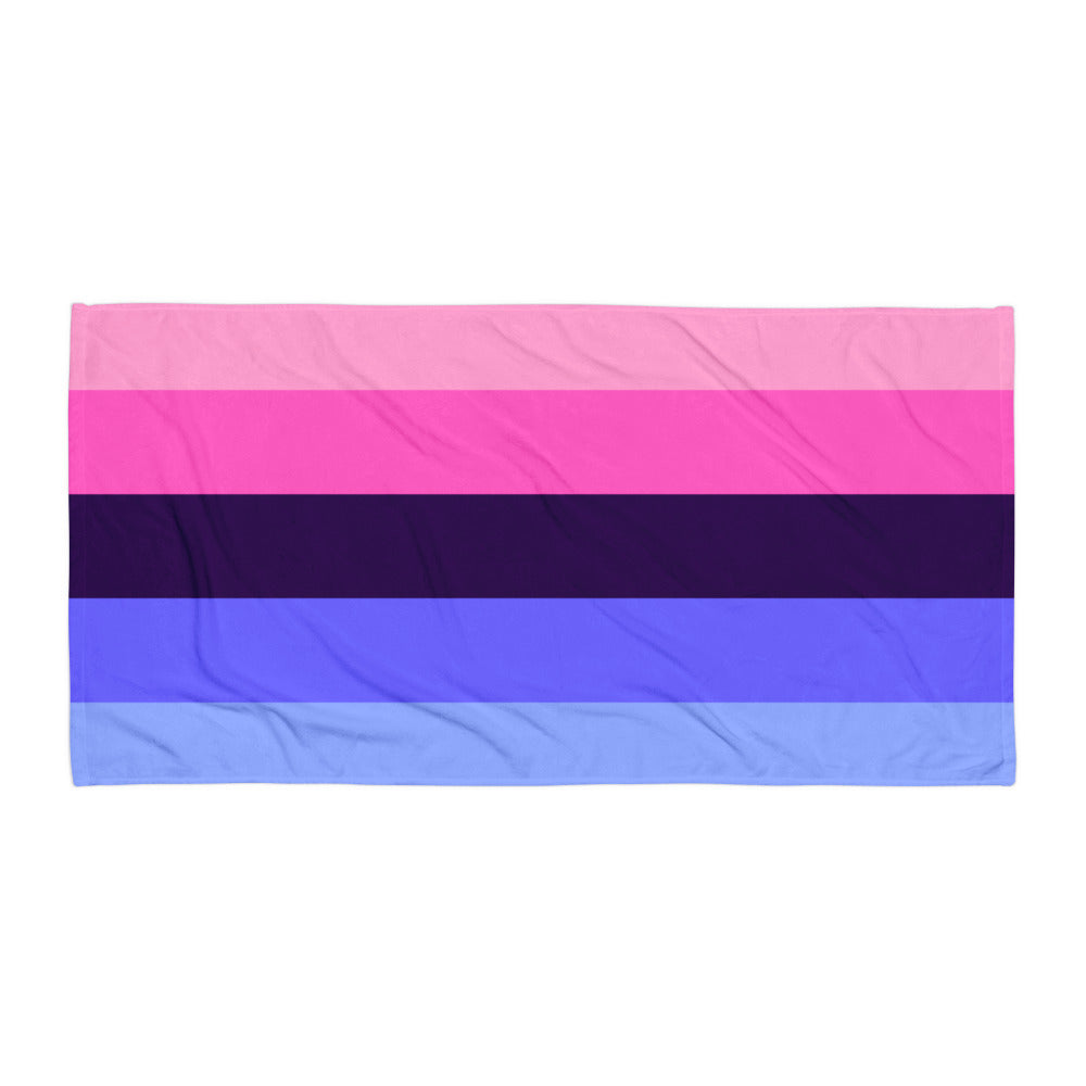 Flat-lay rectangular towel with pink, purple, and blue horizontal stripes