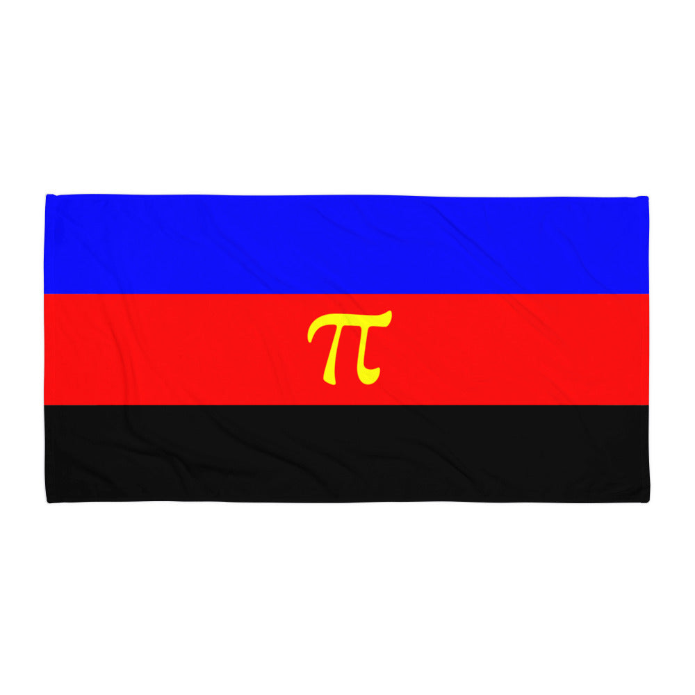 Flat-lay towel with blue, red, and black stripes and a yellow pi symbol