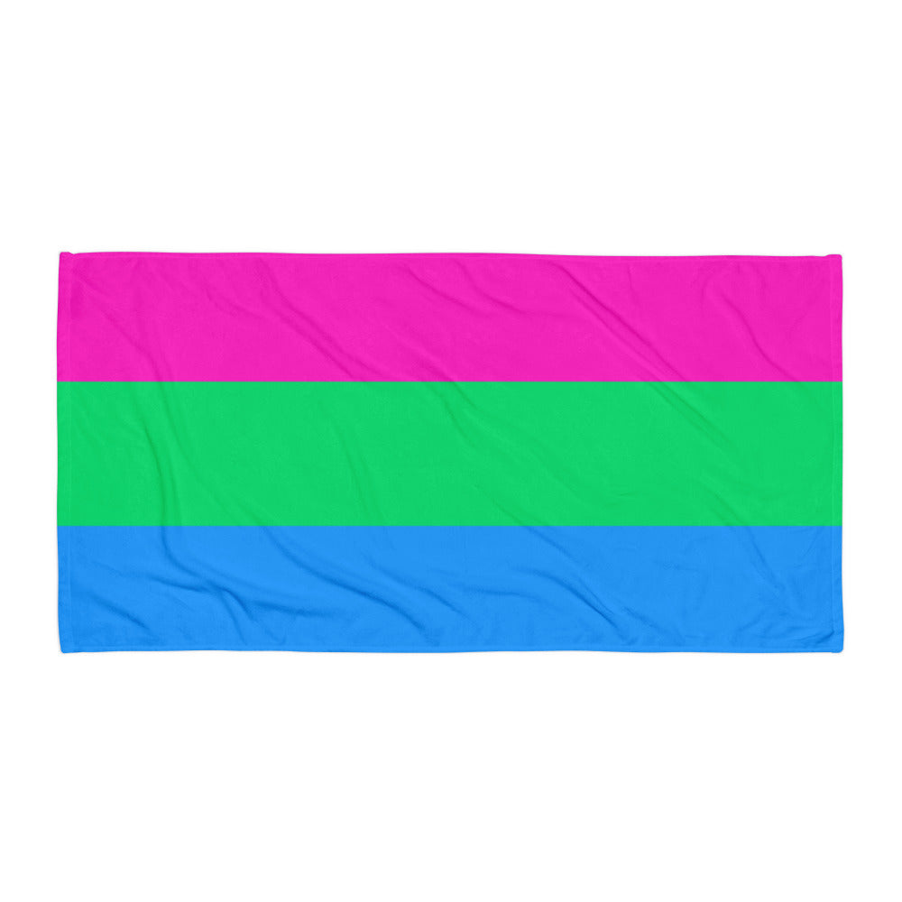 Flat-lay towel with horizontal pink, green, and blue stripes