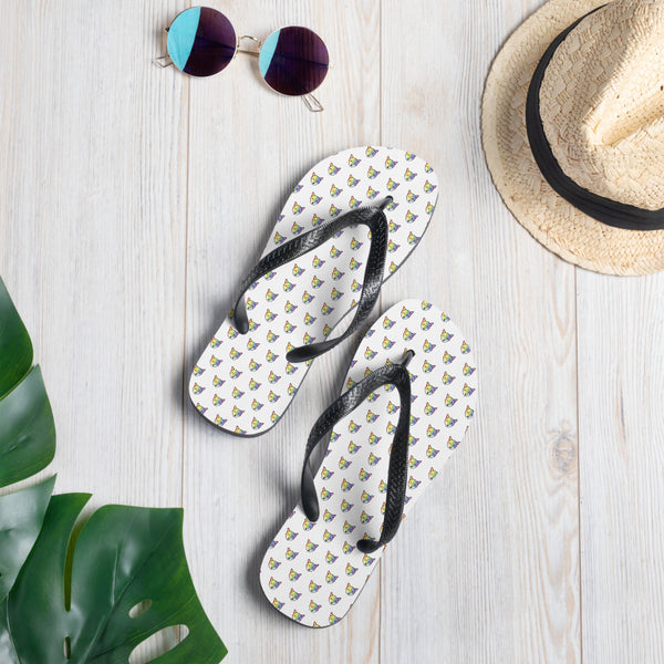 Rainbow fox flip-flops with black straps, shown in a tropical flat lay