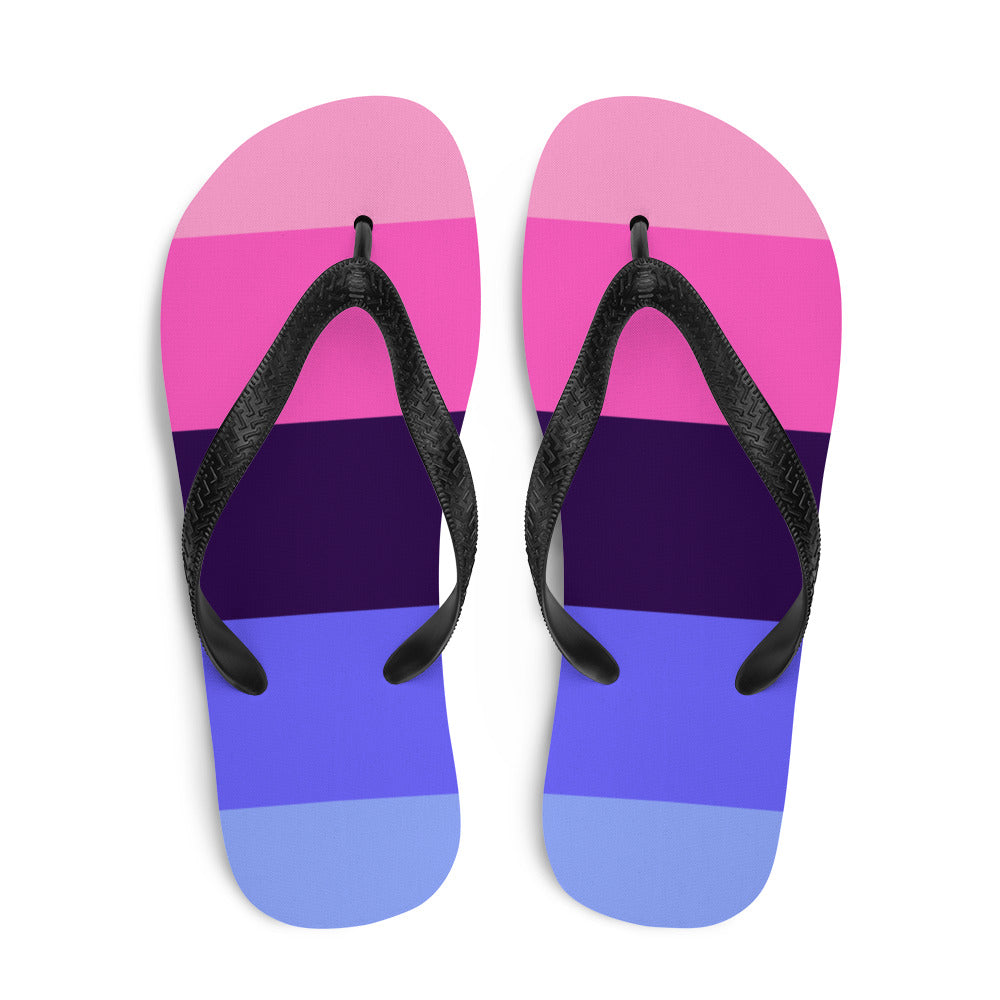 Pair of black-strap flip-flops with pink, purple, and blue horizontal stripes