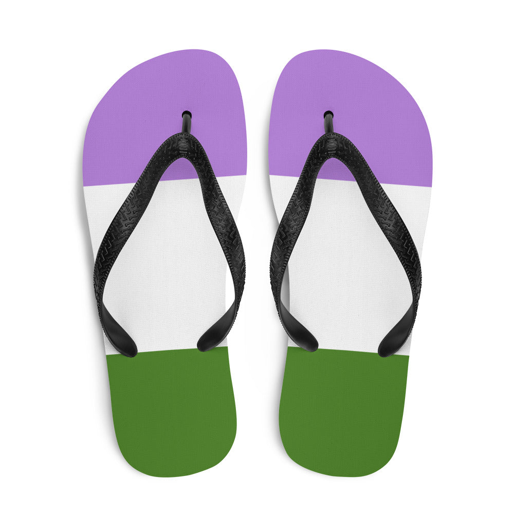 latex femboys flip flop: Genderqueer Pride flip-flops with black straps and soles, bold purple, white