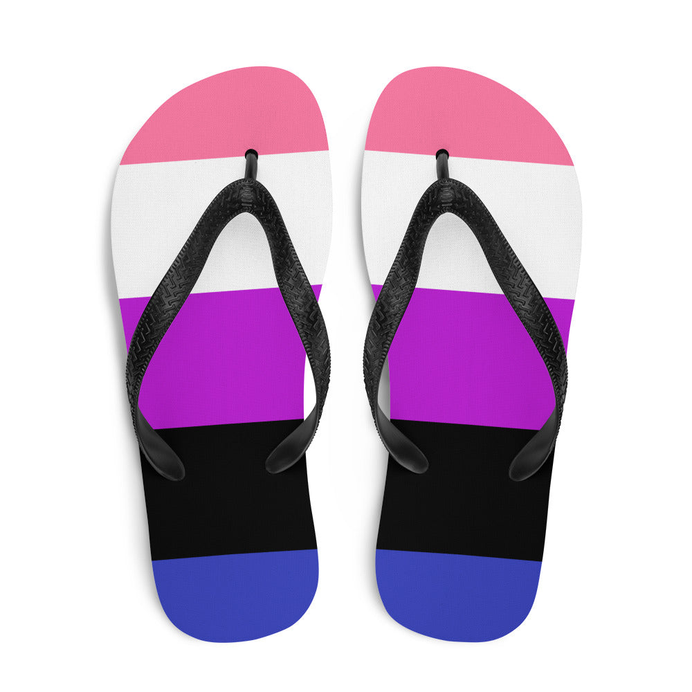 Pair of flip-flops with pink, white, purple, black, and blue horizontal stripes