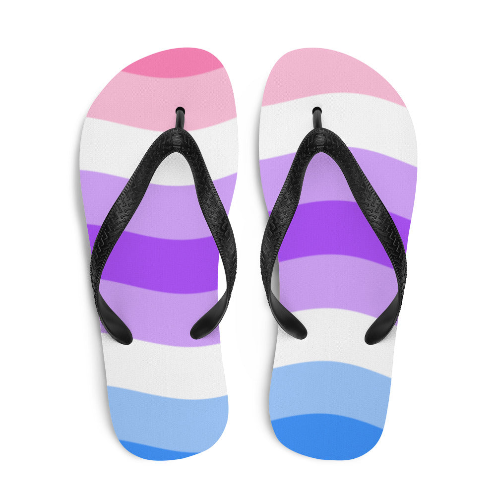 Pair of flip-flops with black straps and pink, white, purple, and blue stripes