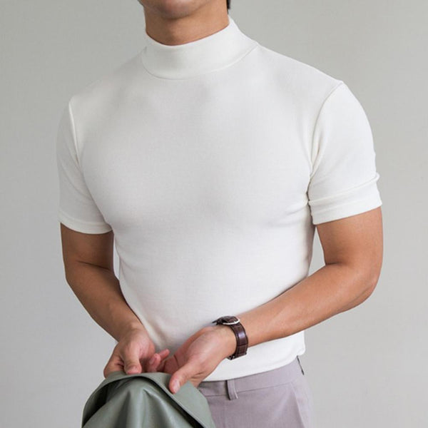Cropped model wearing a fitted white short-sleeve high-collar T-shirt