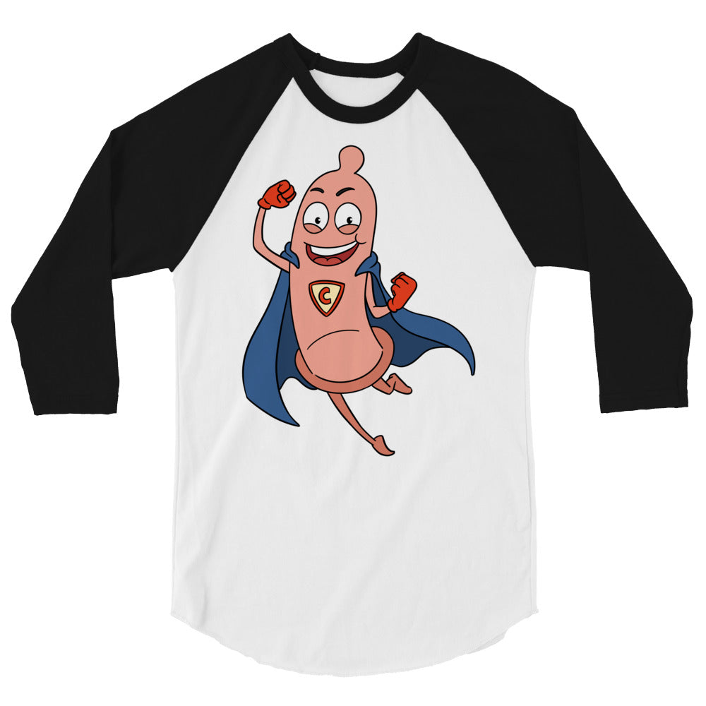 Front view of a white raglan shirt with black three-quarter sleeves and a superhero condom graphic