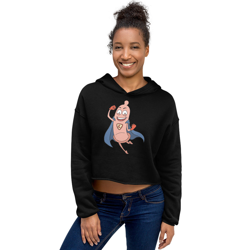 Smiling model wearing a black cropped hoodie with a cartoon condom superhero graphic