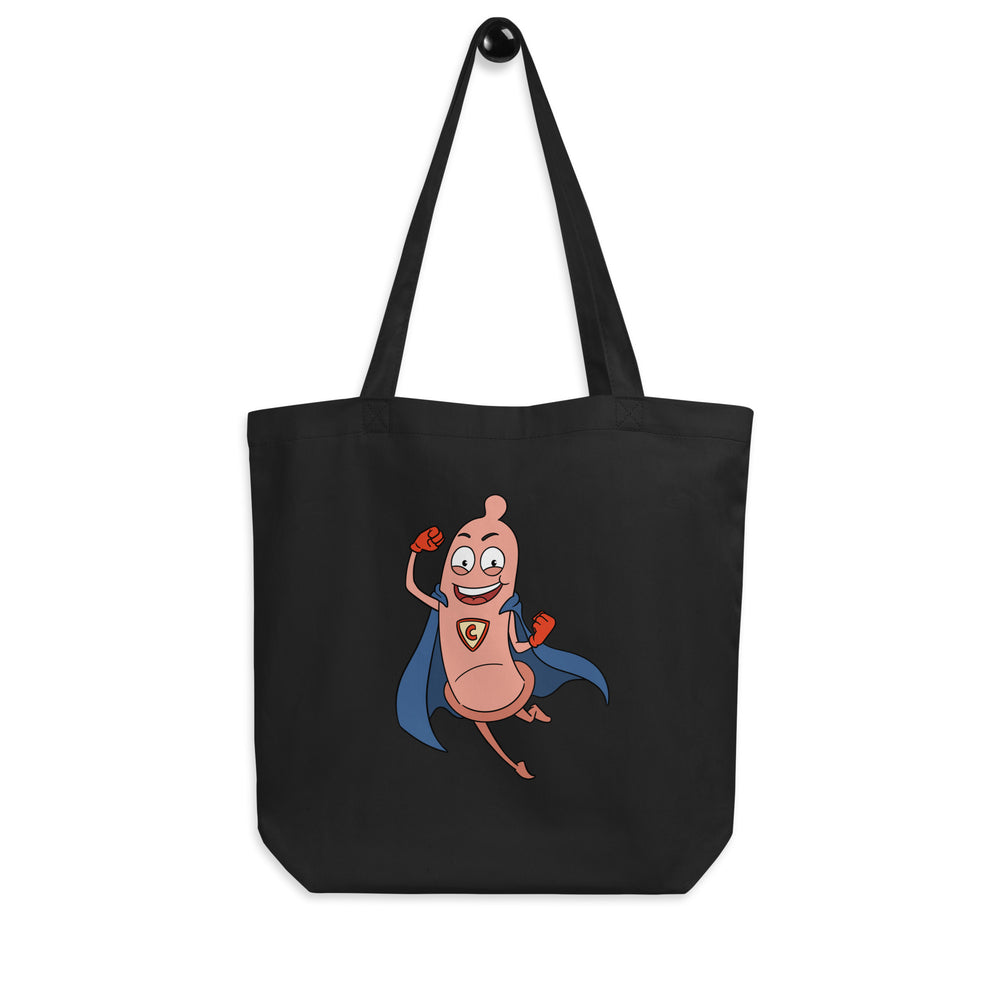 Black tote bag with a smiling superhero condom cartoon wearing a blue cape