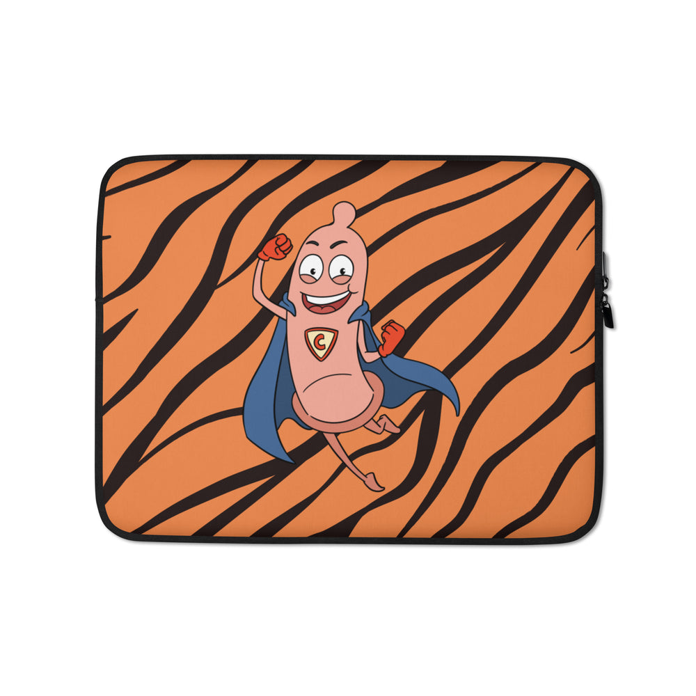 Laptop sleeve with an orange-and-black tiger-stripe pattern and a smiling superhero condom cartoon
