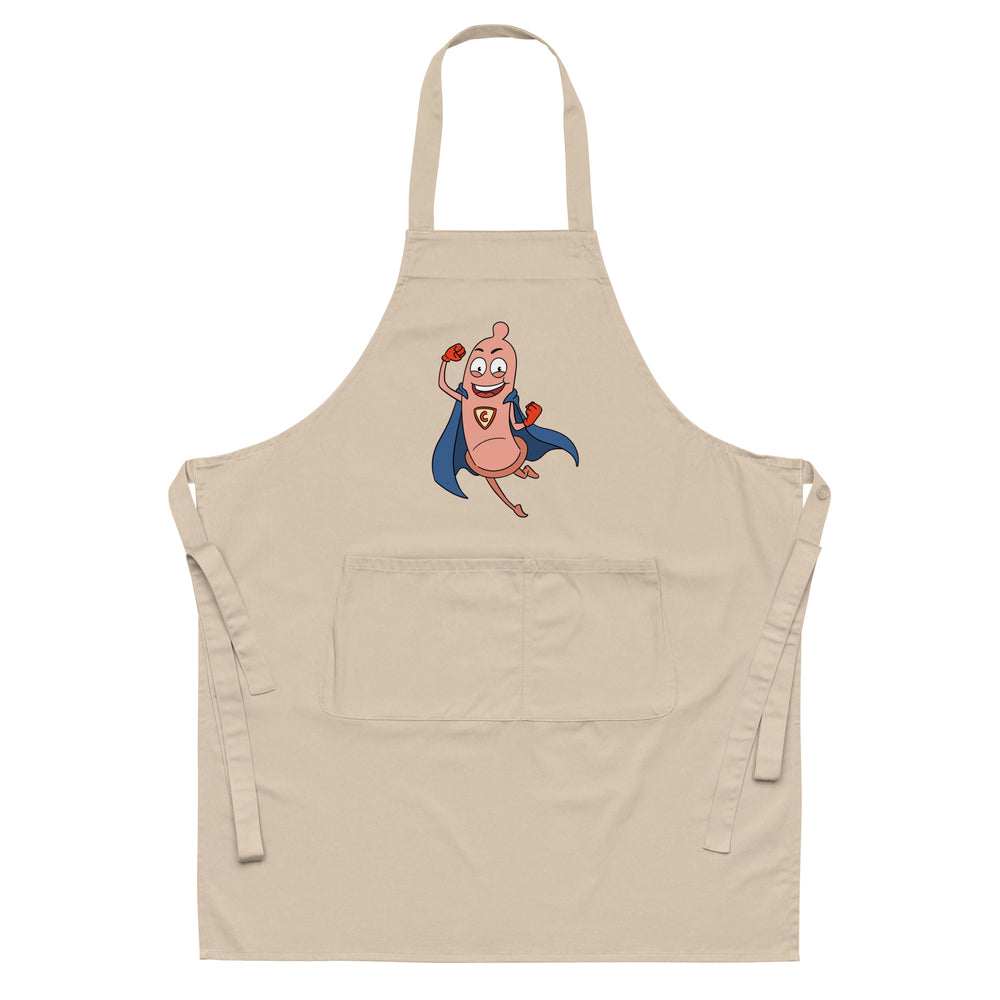 Front-view beige apron with neck strap, waist ties, large pocket, and a smiling cartoon condom superhero