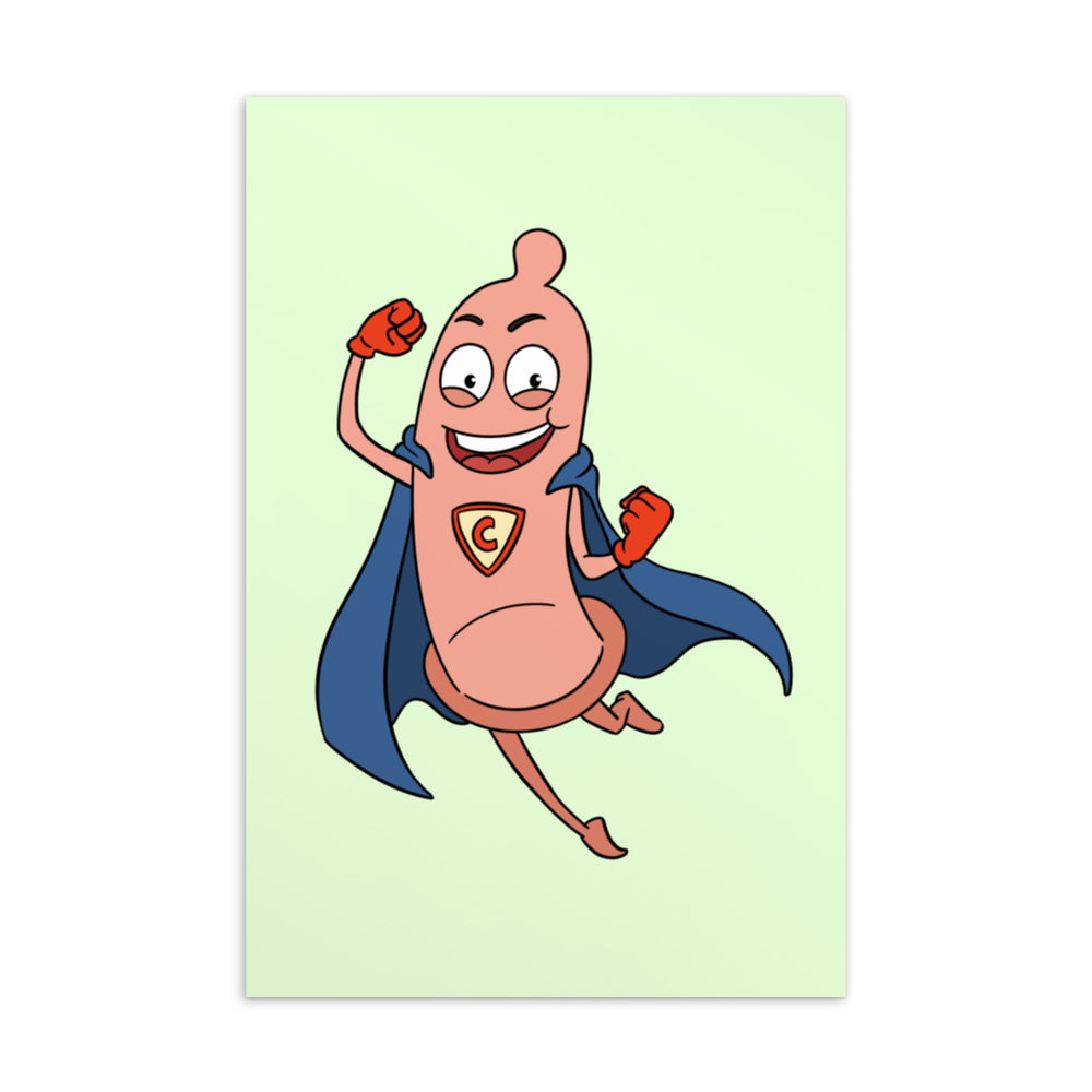 Postcard showing a smiling cartoon condom superhero with a blue cape and red gloves
