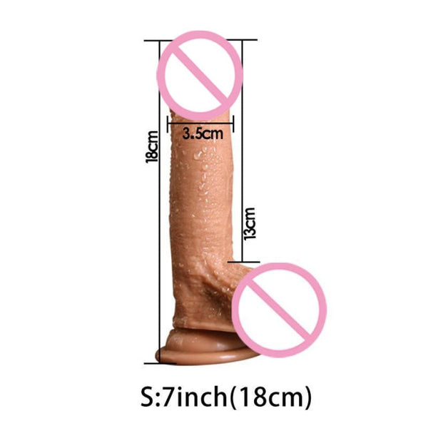 Diagram of a realistic flesh-colored dildo with 18 cm length and 3.5 cm width labels