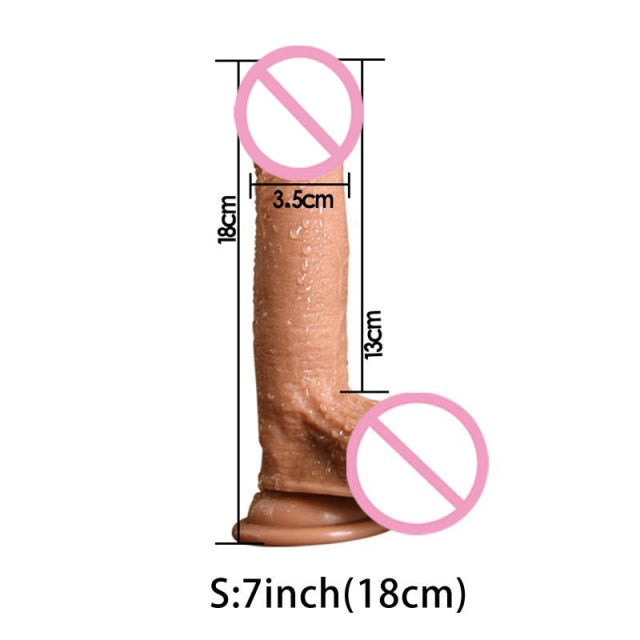 Diagram of a realistic flesh-colored dildo with 18 cm length and 3.5 cm width labels