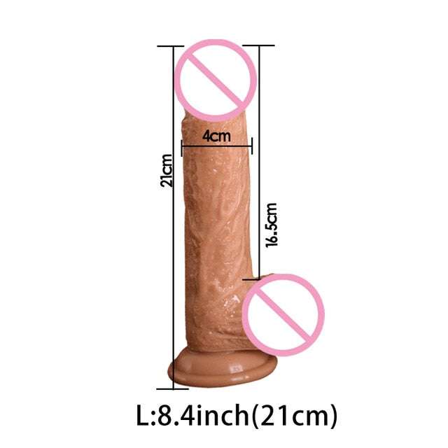 Realistic flesh-toned dildo shown upright with measurements and two no-symbol overlays