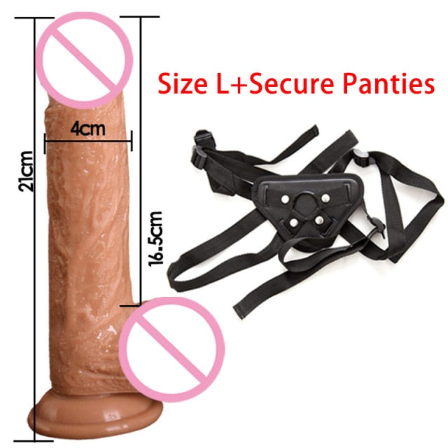 Text-labeled image of a realistic brown dildo and black strap-on harness