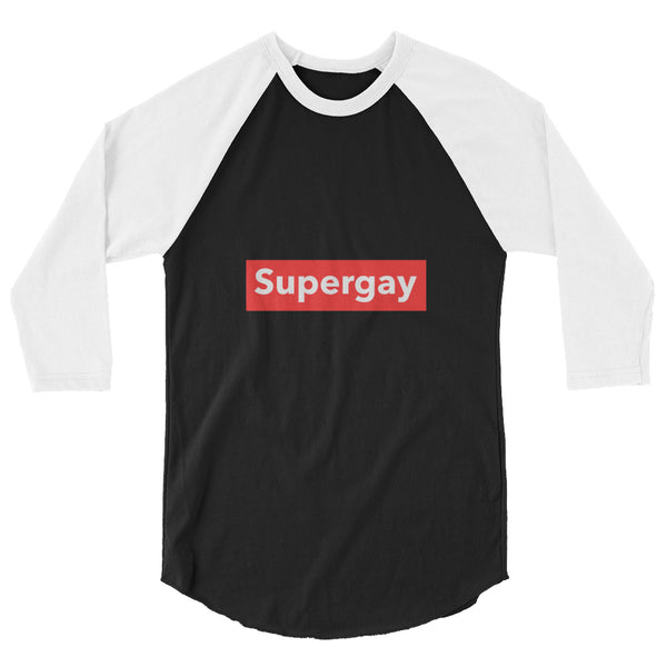 Front view of a black-and-white raglan shirt with “Supergay” in white on a red rectangle