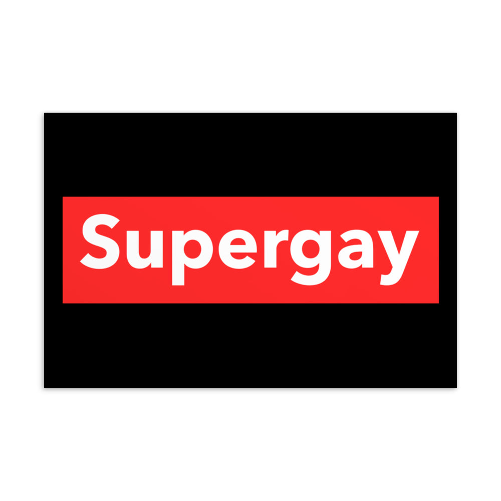 Black postcard with a red rectangle reading “Supergay” in large white letters