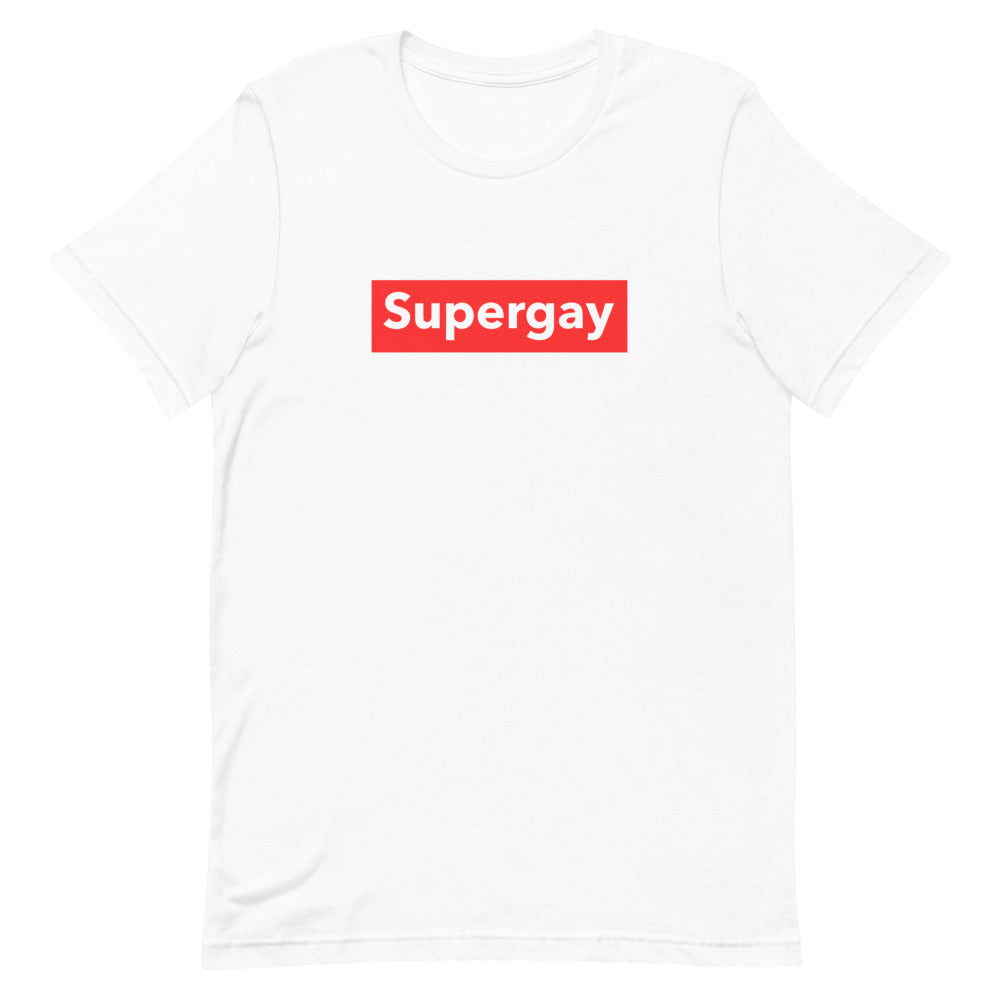 White T-shirt with a red rectangular chest graphic reading “Supergay”