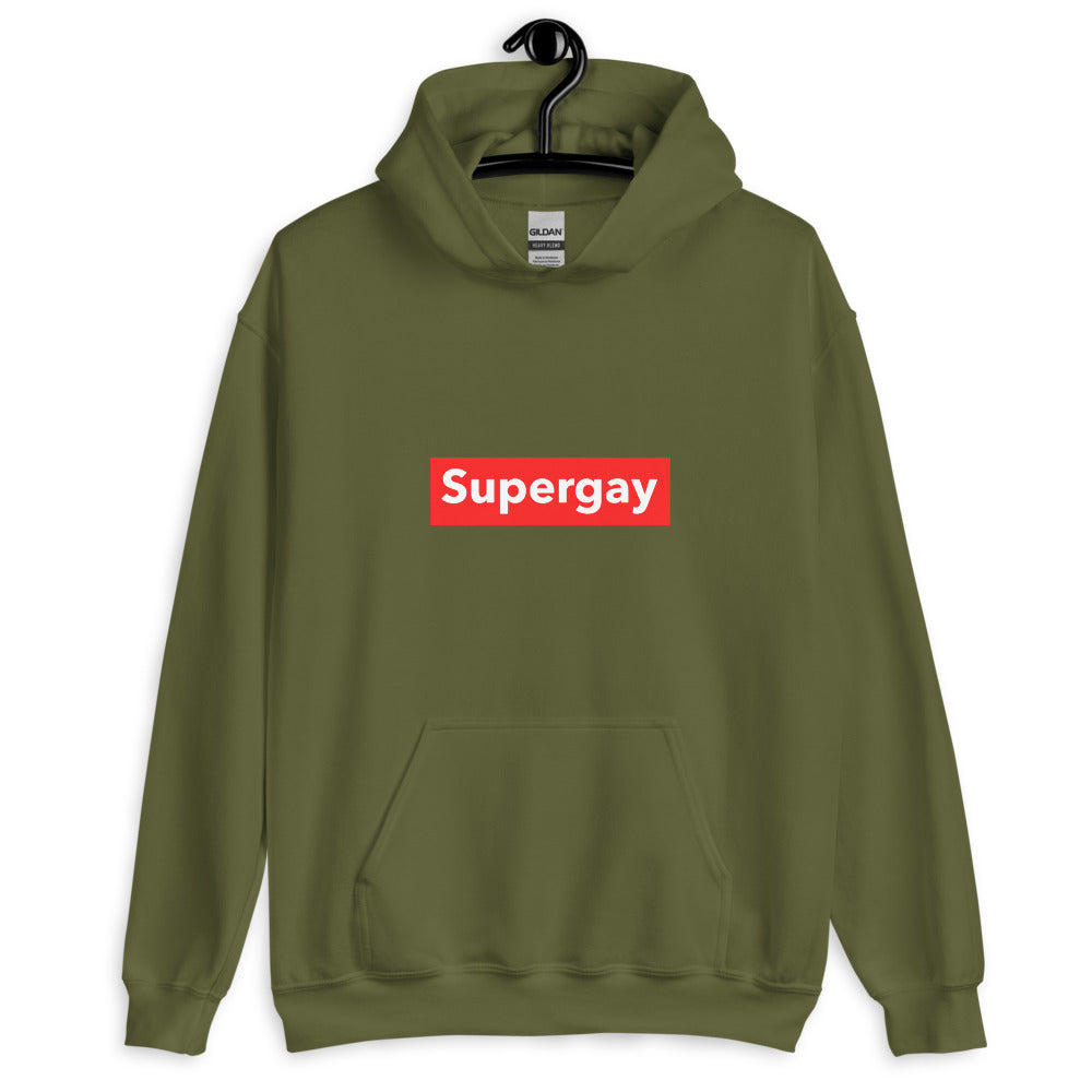 Front view of an olive-green hoodie with a red-and-white “Supergay” chest graphic