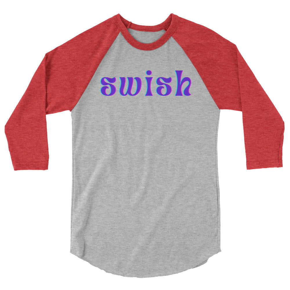 Front view of a gray raglan shirt with red three-quarter sleeves and purple “swish” text
