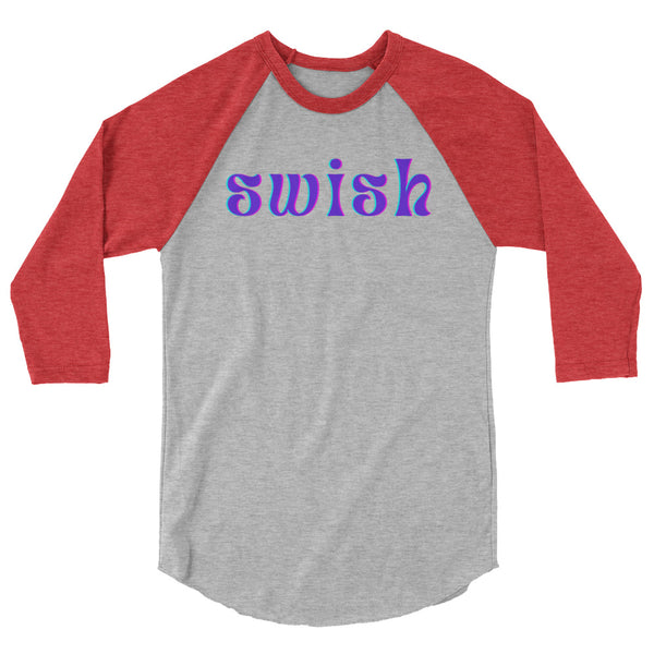 Front view of a gray raglan shirt with red three-quarter sleeves and purple “swish” text