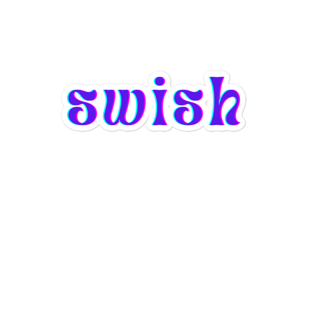 Die-cut sticker reading “swish” in purple lettering with a bright cyan shadow