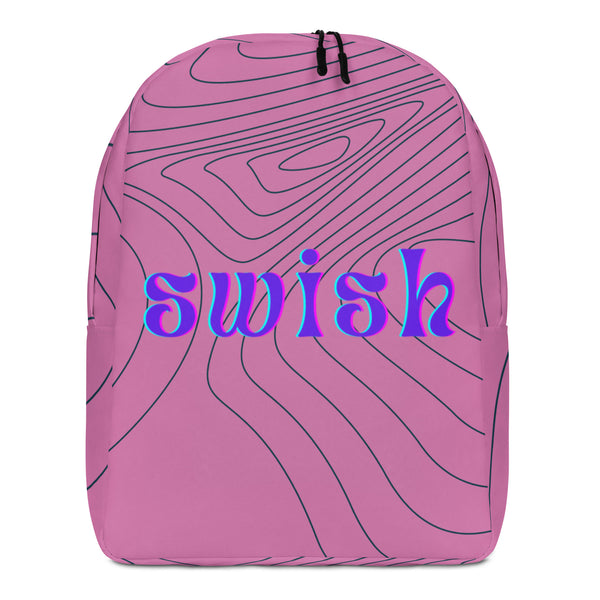 Front view of a pink backpack with black contour lines and colorful “swish” lettering