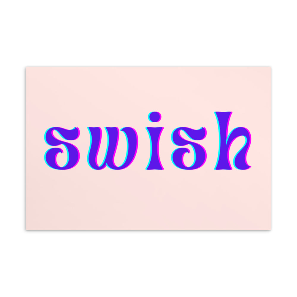 Pink postcard with the word “swish” in large purple letters with cyan and magenta outlines