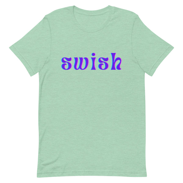 Flat-lay mint green T-shirt with purple-and-blue “swish” lettering across the chest