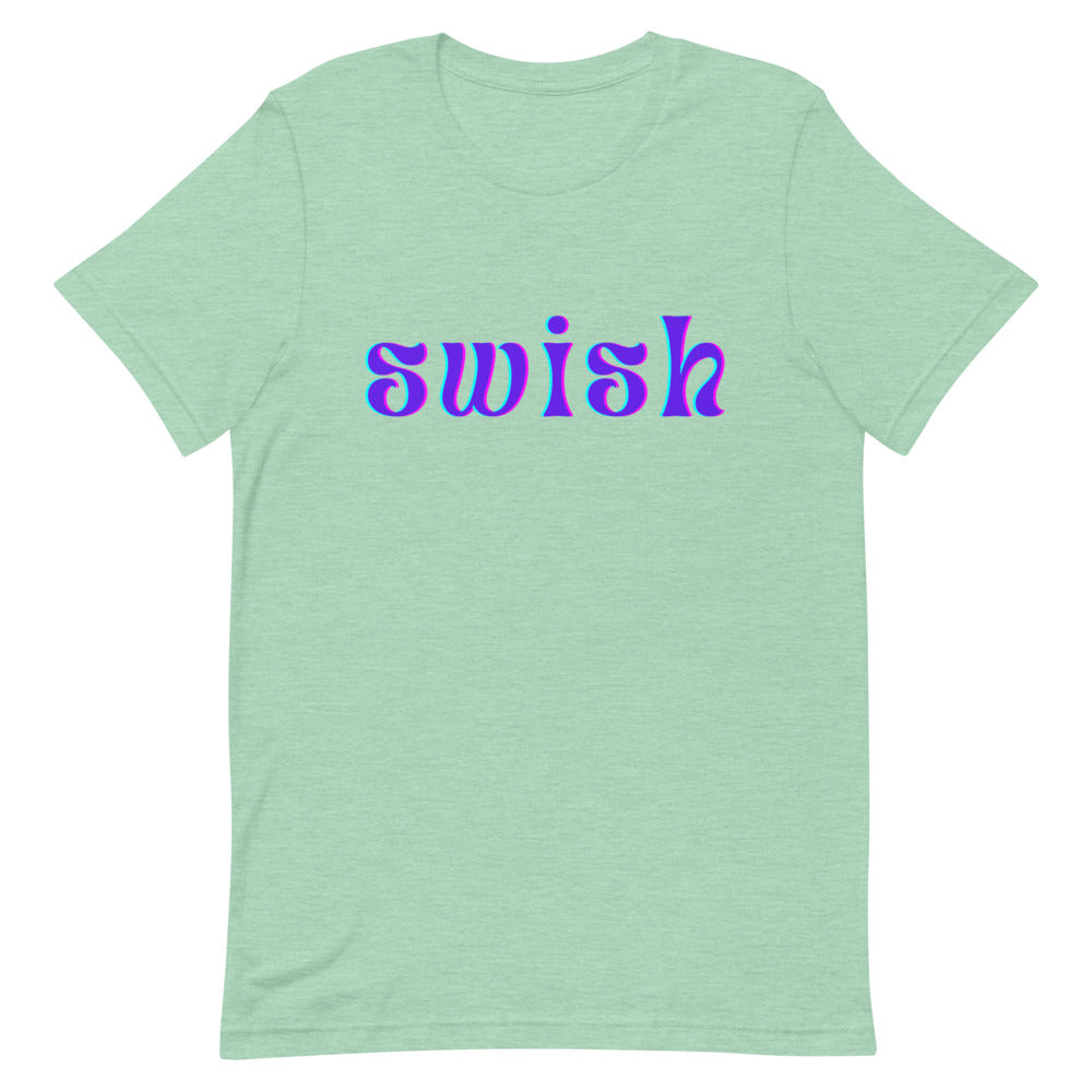 Flat-lay mint green T-shirt with purple-and-blue “swish” lettering across the chest