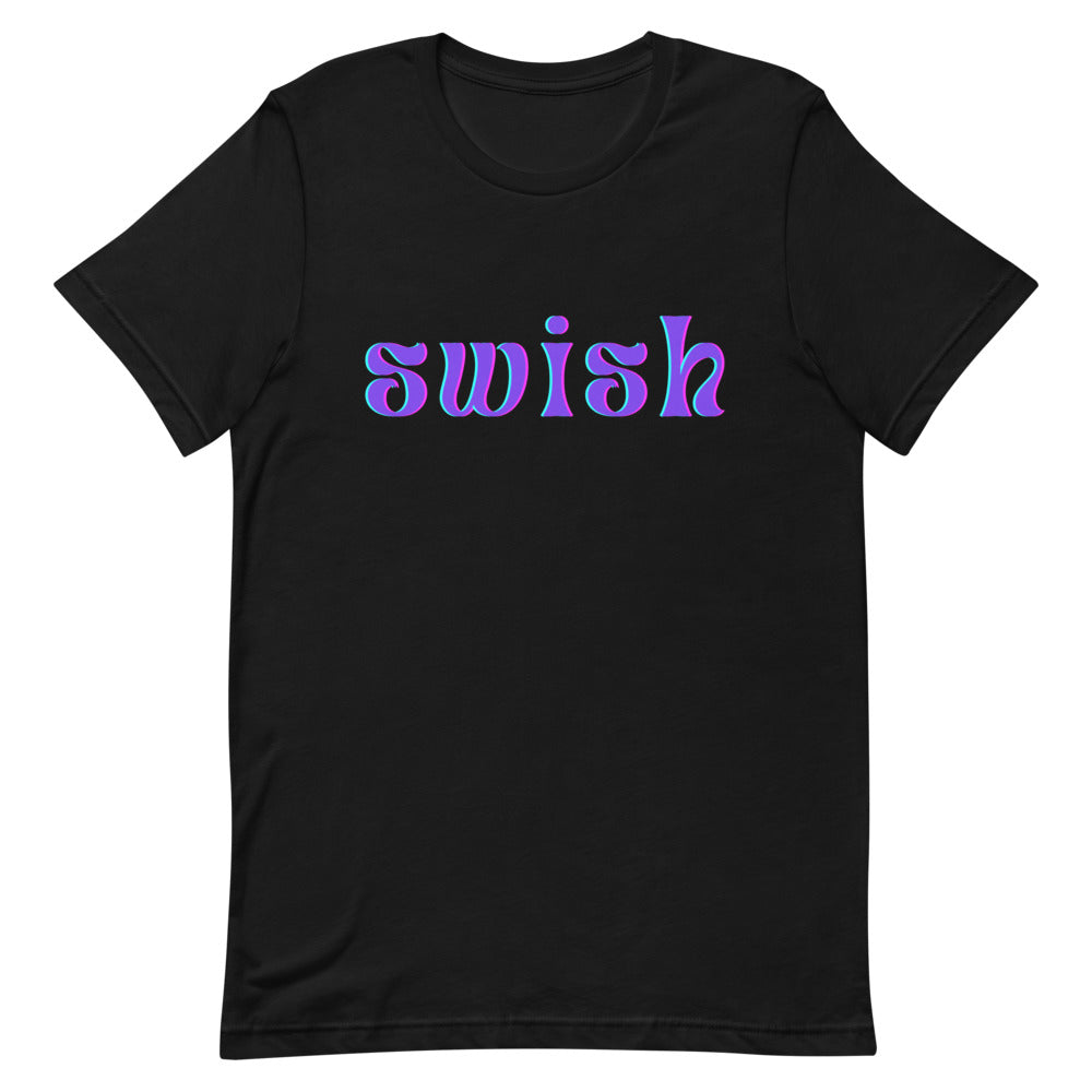 Front-facing black T-shirt with the word “swish” in purple and turquoise lettering