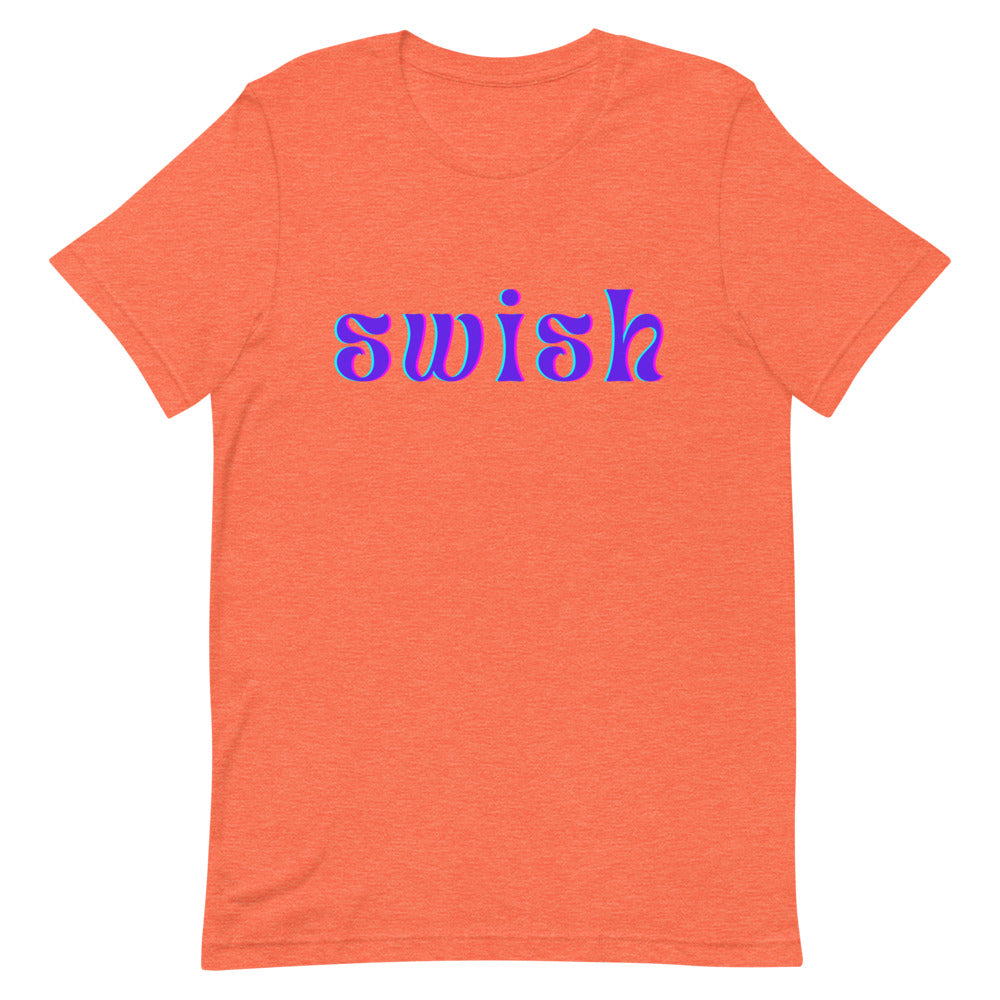 Front view of a heather orange T-shirt with purple-and-blue “swish” lettering