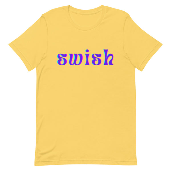Front-facing yellow T-shirt with the word “swish” in purple and blue lettering