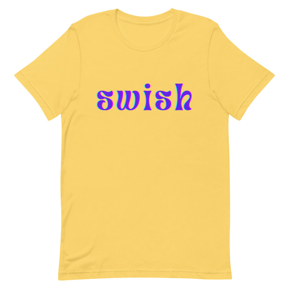 Front-facing yellow T-shirt with the word “swish” in purple and blue lettering