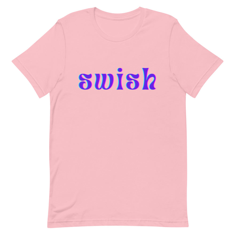 Front view of a pink short-sleeve T-shirt reading “swish” in purple and blue lettering