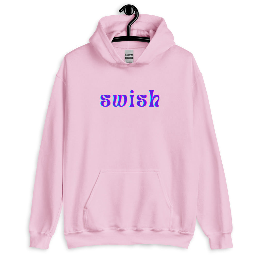 Front view of a light pink hoodie on a hanger with blue-and-purple “swish” lettering