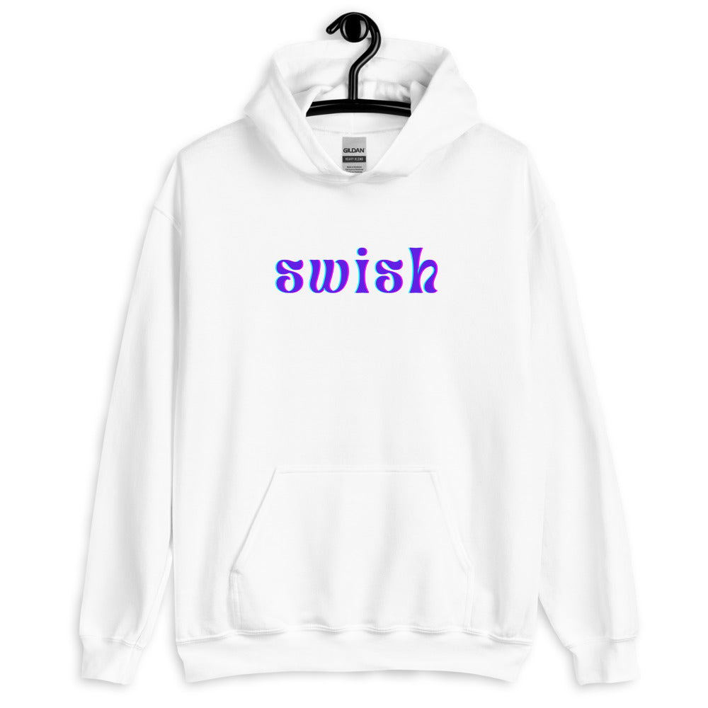 Front-view white hoodie with colorful “swish” lettering and a kangaroo pocket