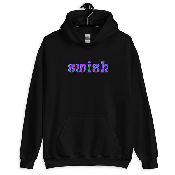 Front-view black pullover hoodie on a hanger with colorful “swish” text