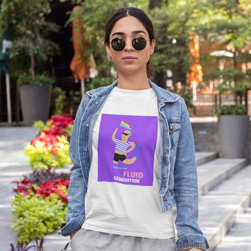 Model wearing a white T-shirt with a purple “Part of the Fluid Generation” graphic